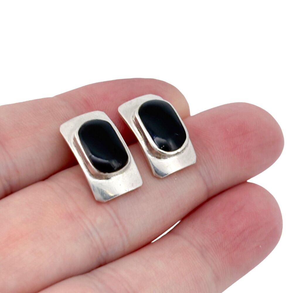 Estate Sterling Silver 925 Black Enamel Rectangular Earrings